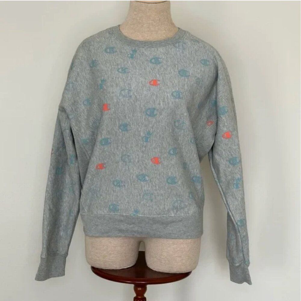 Champion Reverse Weave Crew Tossed C Logos All Over Print Gray Sweatshirt Size L